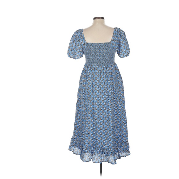 (19) 100% cotton printed calico summer blue puff sleeve smock midi dress - Picture 4 of 4